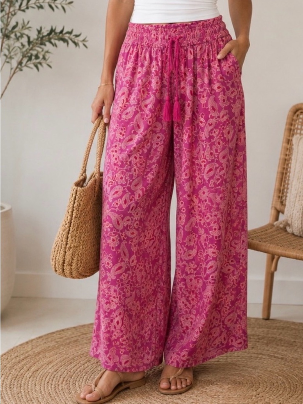 Knox Rose Pink Paisley Wide-Leg Lounge drawstring Pants size L